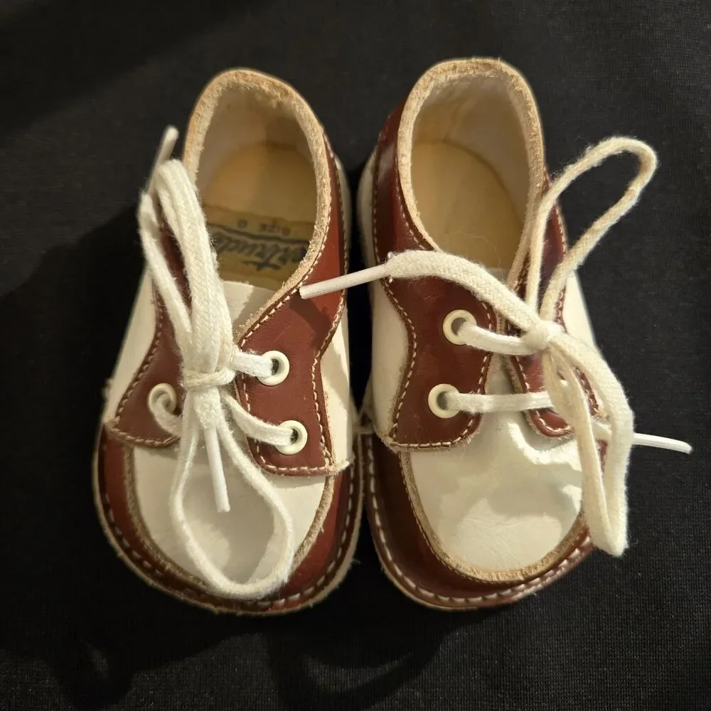 Vintage Gertrude's Brown/White Baby Infant Shoes Sz.0 Lace-up Firm Bottom Oxford